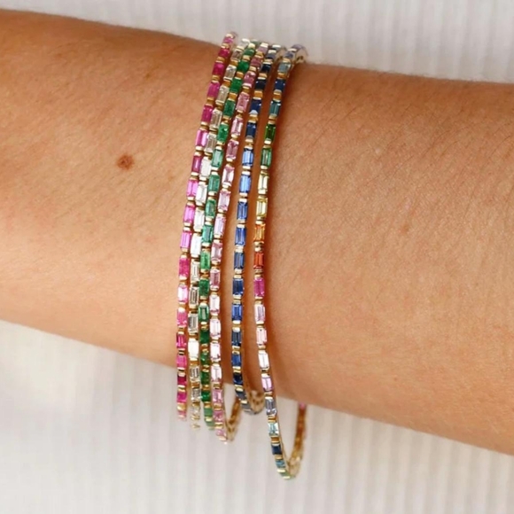 Yellow Gold and Baguette Cut Lab Padparadscha Sapphire Bracelet 7.5 inches Long - Picture 4 of 5